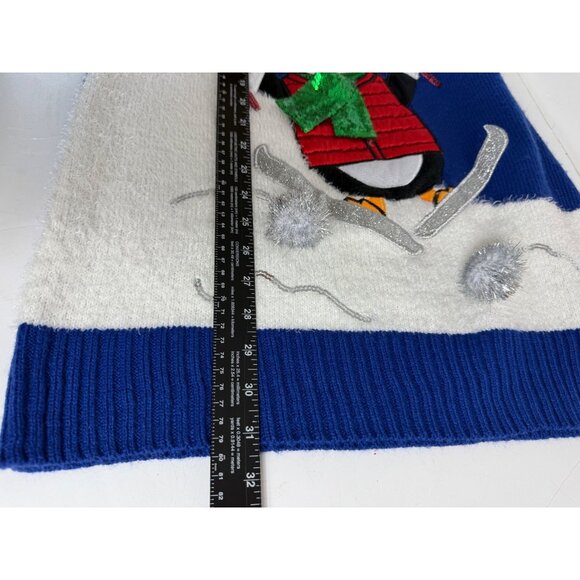 Ugly Christmas Fuzzy Tunic Sweater Size M Penguin Blue Pullover Winter Ski Poms - Picture 10 of 12